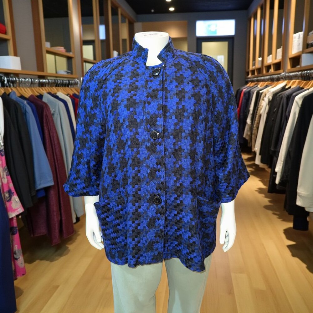 Coldwater Creek Sz 3X 24W-26W Blue & Black Houndstooth 3/4 Sleeve Lined Jacket